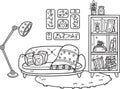 Hand Drawn couch with lamps and shelves on the carpet interior room illustration