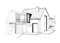 Hand drawn country house. modern private residential house. black and white sketch illustration.