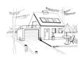 Hand drawn country house. modern private residential house with garage. black and white sketch illustration.