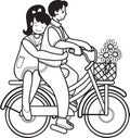 Hand Drawn couple man and woman riding bicycles illustration