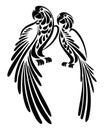 Hand drawn couple of parrots in love, black silhouette with ornament. Stencil, tattoo, illustration vector