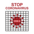 Hand drawn covid-19 bacteria in cage with quote stop coronavirus. Isolated on white background. Vector stock illustration