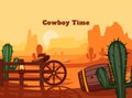 Hand drawn cowboy time background with sunset in wild west landscape