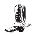 Hand drawn cowboy boot with spur. Wild west leather footwear vector illustration. Black isolated on white background Royalty Free Stock Photo