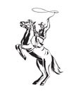 Hand drawn cowboy with lasso on rearing horse. Rodeo vector illustration. Black isolated on white background Royalty Free Stock Photo