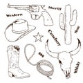 Hand drawn cowboy retro vintage elements