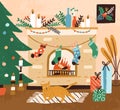 Hand drawn cozy interior with Christmas tree and cat lying near fireplace vector flat illustration. Xmas decorations at Royalty Free Stock Photo