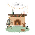 Hand drawn cozy interior with Christmas tree and cat lying near fireplace vector flat illustration Royalty Free Stock Photo