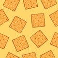 Hand drawn crackers with sesame seeds seamless pattern. Buscuit sketch repeat background.