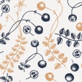 Hand drawn cranberry vector background in color. Wild berries seamless pattern. Hand drawing. Vintage forest berry sketch. Royalty Free Stock Photo