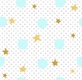 Hand drawn creative background. Simple minimalistic seamless pattern with golden stars and blue circles.