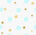 Hand drawn creative background. Simple minimalistic seamless pattern with golden stars and blue circles.