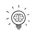 Hand drawn Creative idea doodle line icon. Brain in light bulb vector illustration. Thin sign of innovation, solution, education Royalty Free Stock Photo