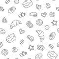 Hand-drawn croissants, donuts, pastries, and cakes. Seamless pattern. Simple vector illustration on white background Royalty Free Stock Photo