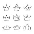 Hand drawn crown. Doodle, sketch king crowns in line style. Simple diadems of queen in graffiti or grunge style. Royal emblem.