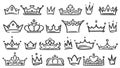 Hand drawn crown. Luxury crowns sketch, queen or king coronation doodle and majestic princess tiara isolated vector Royalty Free Stock Photo