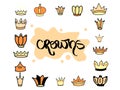 Hand drawn crown yellow orange different tiara set for princess. Cute isolated diadem vector illustration for wedding icon, logo Royalty Free Stock Photo