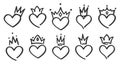 Hand drawn crowned hearts. Doodle princess, king and queen crown on heart, sketch love crowns vector illustration set Royalty Free Stock Photo