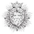 Hand drawn crowned lion head in sun rays isolated over white background