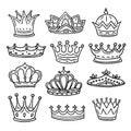 Hand drawn crowns. King, queen doodle crown and princess tiara. Vintage royal sketch isolated vector icons Royalty Free Stock Photo