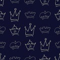 Hand drawn crowns. Seamless pattern of simple graffiti sketch queen or king crowns