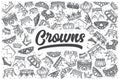 Hand drawn crowns vector doodle set.