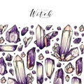 Hand drawn crystal cluster. Vector composition. Mineral illustration. Amethyst or quartz stone. Natural gem. Geology set Royalty Free Stock Photo