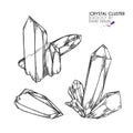 Hand drawn crystal cluster. Vector mineral illustration. Amethyst or quartz stone. Isolated natural gem. Geology set