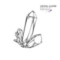 Hand drawn crystal cluster. Vector mineral illustration. Amethyst or quartz stone. Isolated natural gem. Geology set