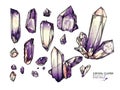 Hand drawn crystal cluster. Vector mineral illustration. Amethyst or quartz stone. Isolated natural gem. Geology set