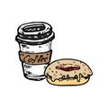 Hand drawn cup of coffee and donut doodle. Color sketch food and Royalty Free Stock Photo