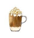 Hand drawn cup of coffee latte. Watercolor caramel frappe illustration.