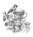 Cup of Berry Tea and Goldfinch Royalty Free Stock Photo