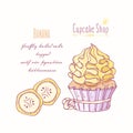 Hand drawn cupcake with doodle buttercream for pastry shop menu. Banana flavor