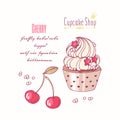 Hand drawn cupcake with doodle buttercream for pastry shop menu. Cherry flavor