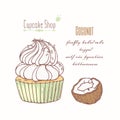 Hand drawn cupcake with doodle buttercream for pastry shop menu. Coconut flavor