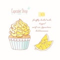 Hand drawn cupcake with doodle buttercream for pastry shop menu. Lemon flavor