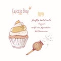 Hand drawn cupcake with doodle buttercream for pastry shop menu. Poppy flavor