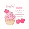 Hand drawn cupcake with doodle buttercream for pastry shop menu. Strawberry flavor