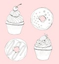 Hand drawn cupcakes and donuts card on pink background