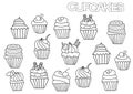 Hand drawn cupcakes set. Coloring book page template. Royalty Free Stock Photo