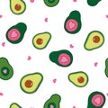 Hand drawn cute avocados with pink hearts seamless pattern