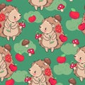 Hand drawn Cute baby hedgehog and mushrooms and apple Forest background pattern seamless. Woodland Kids Print Vector Royalty Free Stock Photo