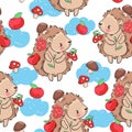 Hand drawn Cute baby hedgehog and mushrooms and apple Forest background pattern seamless. Woodland Kids Print Vector Royalty Free Stock Photo