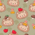 Hand drawn Cute baby hedgehog and mushrooms and apple Forest background pattern seamless. Woodland Print Vector Royalty Free Stock Photo