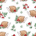 Hand drawn Cute baby hedgehog and mushrooms Forest background pattern seamless. Woodland Print Design for childrens textiles. Royalty Free Stock Photo