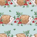Hand drawn Cute baby hedgehog and mushrooms Forest background pattern seamless. Woodland Print Design for childrens textiles. Royalty Free Stock Photo