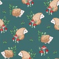 Hand drawn Cute baby hedgehog and mushrooms Forest background pattern seamless. Woodland Print Design for childrens textiles. Royalty Free Stock Photo