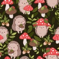 Hand drawn Cute baby hedgehog and mushrooms Forest background pattern seamless. Woodland Print Vector Royalty Free Stock Photo