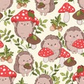 Hand drawn Cute baby hedgehog and mushrooms Forest background pattern seamless. Woodland Print Vector Royalty Free Stock Photo